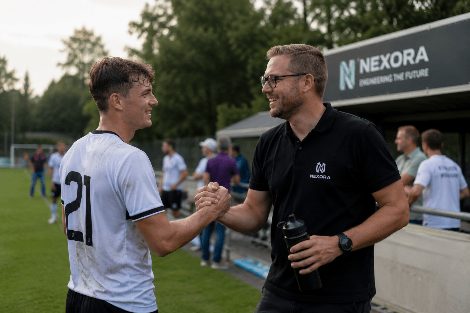 Spieler und Sponsor reichen sich am Spielfeldrand die Hand