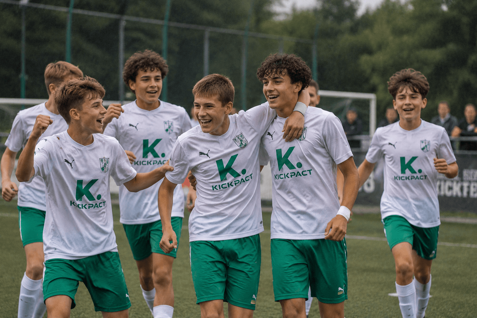 Jugend-Mannschaft in weißen KickPact-Trikots jubelt nach Tor